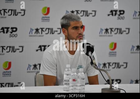 Tokyo, Japon. 24 septembre 2025. Carlos Alcaraz lors de la conférence de presse et interagissant pour les questions de presse au Japon Open tennis tournoi ATP500 2025. Crédit : Ranjith Kumar/Alamy Live News Banque D'Images