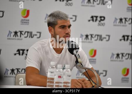 Tokyo, Japon. 24 septembre 2025. Carlos Alcaraz lors de la conférence de presse et interagissant pour les questions de presse au Japon Open tennis tournoi ATP500 2025. Crédit : Ranjith Kumar/Alamy Live News Banque D'Images