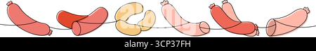 Saucisses mises en place. Menu boucherie dessin continu coloré d'une ligne. Illustration vectorielle Illustration de Vecteur
