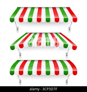 Achetez le pare-soleil avec support en métal. Auvent de café rayé réaliste. Tente de marché extérieure. Auvent de toit aux couleurs du drapeau italien. Magasin de rue d'été. Vecteur Illustration de Vecteur