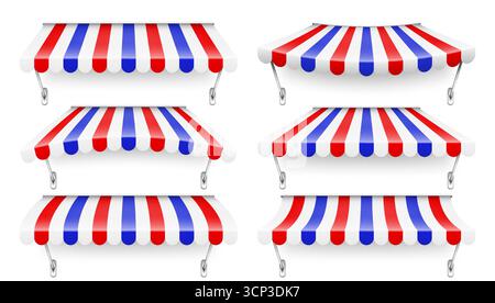Achetez le pare-soleil avec support en métal. Auvent de café rayé réaliste. Tente de marché extérieure. Auvent de toit aux couleurs du drapeau français. Magasin de rue d'été. Vecteur Illustration de Vecteur