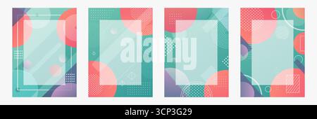 Ensemble de 4 modèles de document avec des motifs circulaires et linéaires colorés, style graphique plat moderne, fond sarcelle Illustration de Vecteur
