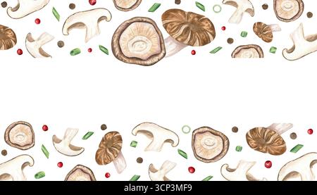 Champignons shiitake, graines de poivre, tranches de poireau vert bordure horizontale d'aquarelle sur fond isolé. Ingrédients de champignons asiatiques peints à la main Banque D'Images