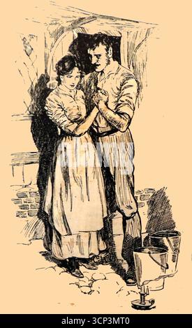 Une scène romantique de 1918 montrant deux serviteurs amoureux se réunissant au travail (bricoleur et laitière). Banque D'Images