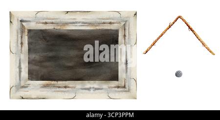 Panneau de tableau noir encadré, bordure en bois blanc vieilli avec craquelures, corde de cintre et clou. Objet unique isolé illustration dessinée à la main Banque D'Images