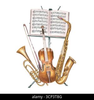 Instruments de musique et support en métal noir avec illustration aquarelle de carnet de musique ouverte sur fond isolé. Trompette classique, saxophone, violon Banque D'Images