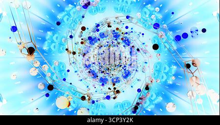 Des motifs tourbillonnants colorés créent une scène énergique remplie de formes circulaires de différentes tailles. Le design présente des nuances de bleu et des notes de whi Banque D'Images