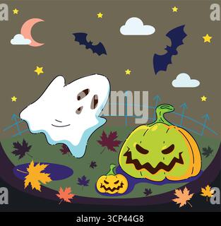 Une scène fantaisiste d'Halloween remplie de fantômes adorables et de citrouilles vibrantes pour un plaisir festif Illustration de Vecteur