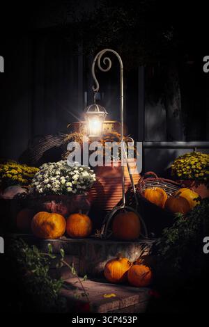 Décoration extérieure d'automne, lampadaire illuminant les citrouilles sur les marches du porche avant la nuit Banque D'Images