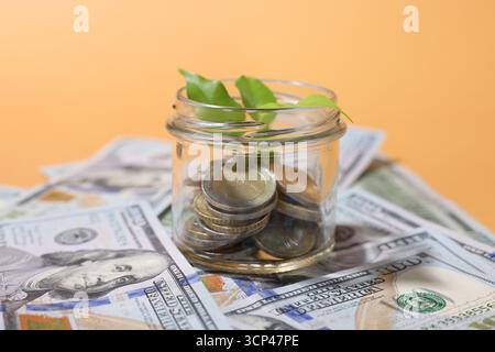 Pot en verre avec pièces de monnaie, germe et dollars sur fond orange pâle, gros plan Banque D'Images