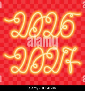 2026 2027 One Continuous Line Neon Glowing New Years dates Chines New Year Colors Gold on Red fond. Illustration vectorielle isolée voeux du nouvel an contenu connexe autocollant icône logo bannières, dépliants Illustration de Vecteur