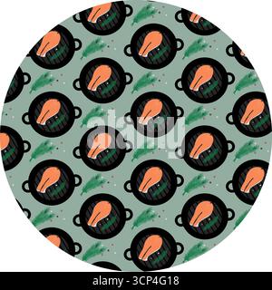 Poêle grillée au bifteck de saumon brindille de romarin et motif de grains de poivre sur fond rond manger sain. Illustration vectorielle isolée cartes de menu de recettes d'aliments sains bannière de fond, dépliants, étiquettes, affiches Illustration de Vecteur