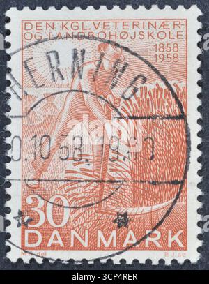 Timbre-poste annulé imprimé par le Danemark, qui montre Harvester, Collège royal danois de médecine vétérinaire et agricole, vers 1958. Banque D'Images