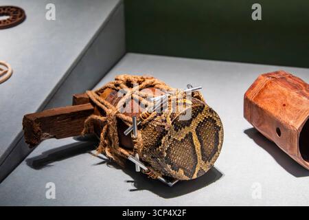 Guangzhou Chine 30 août 2025 : corps Gaohu de la collection du musée Guangdong, avec résonateur recouvert de peau de python, reflétant les artisans traditionnels Banque D'Images