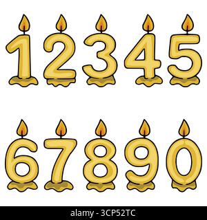 Une illustration vectorielle de dix bougies d'anniversaire dorées en forme de chiffres 0-9, chacune avec une flamme réaliste, parfaite pour les dessins et les célébrations festives. Illustration de Vecteur