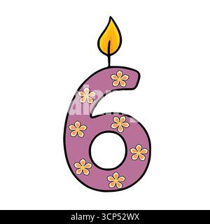 Illustration vectorielle festive d'une bougie d'anniversaire numéro six ornée de motifs floraux délicats et d'une flamme vibrante, parfaite pour les invitations ou la cele Illustration de Vecteur