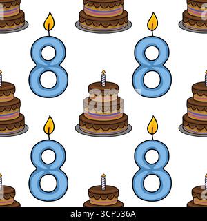 Modèle vectoriel sans couture de gâteaux d'anniversaire joyeux et de bougies numéro huit, parfait pour les conceptions et les célébrations festives. Illustration de Vecteur