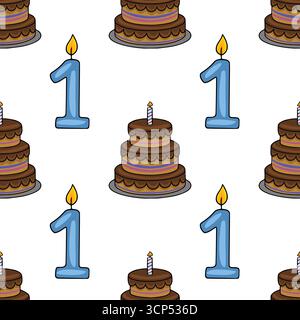Modèle vectoriel sans couture avec une illustration joyeuse de gâteaux d'anniversaire au chocolat avec des bougies allumées et le numéro un, parfait pour le premier anniversaire Illustration de Vecteur