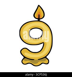 Une illustration vectorielle fantaisiste d'une bougie en or numéro neuf avec une flamme scintillante, parfaite pour les célébrations d'anniversaire et les motifs festifs. Illustration de Vecteur