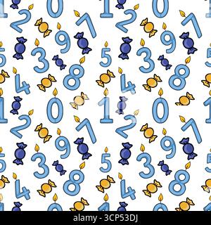 Modèle vectoriel sans couture avec des bougies de numéro bleu clair avec des flammes et des bonbons jaunes et bleus sur un fond blanc, créant une Birda joyeuse Illustration de Vecteur