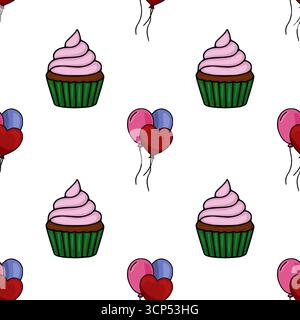 Modèle vectoriel sans couture avec de charmants cupcakes avec glaçage rose et des grappes de ballons en forme de cœur roses, bleus et rouges sur un fond blanc Illustration de Vecteur