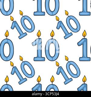 Modèle vectoriel sans couture de bougies d'anniversaire bleu clair numéro dix avec des flammes jaunes, parfait pour les arrière-plans festifs et les célébrations. Illustration de Vecteur