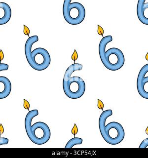 Modèle vectoriel sans couture de bougies d'anniversaire bleu clair numéro six avec des flammes jaunes, parfait pour les arrière-plans festifs et les invitations. Illustration de Vecteur