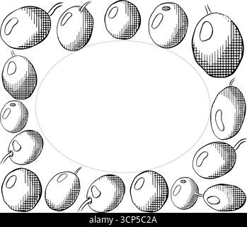 Olive Black Berry modèle rectangle ovale. Encre de ligne graphique vectorielle illustration noir et blanc. Pour l'impression de t-shirt, la conception Web, les salons de beauté, la poste Illustration de Vecteur
