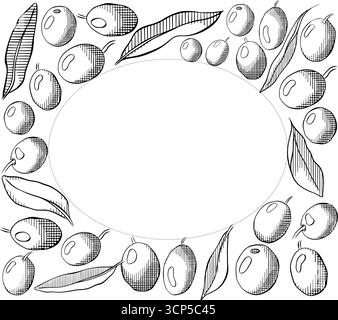 Modèle de conception d'huile d'olive. Olive Noir et blanc Berry et feuilles modèle de cadre rectangulaire ovale. Illustration vectorielle d'encre de ligne graphique. Bannière, produit Illustration de Vecteur