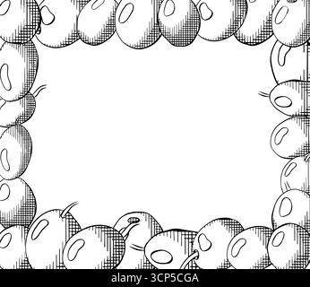 Modèle de rectangle de baie d'olive. Encre de ligne graphique vectorielle illustration noir et blanc. Design botanique méditerranéen pour paquet bannière, affiche, emballage Illustration de Vecteur