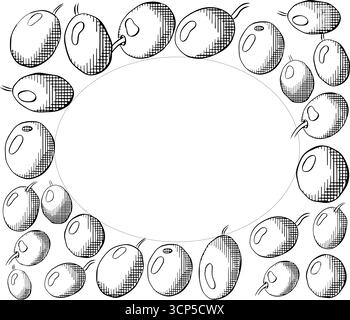 Olive Berry modèle de cadre rectangle ovale. Encre de ligne graphique vectorielle illustration noir et blanc. Utilisation pour paquet cosmétique, boutique, magasin, produits, spa Illustration de Vecteur