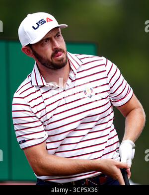 Patrick Cantlay de Team United States lors d’une ronde d’essais au Bethpage Black course à Farmingdale, New York, avant la Ryder Cup 2025 qui débutera vendredi. Date de la photo : mercredi 24 septembre 2025. Banque D'Images