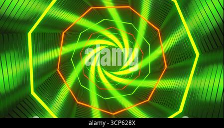 Un tunnel en spirale vibrant présente des lumières vertes et oranges brillantes tourbillonnant dans un motif captivant. Ce visuel crée une sensation de profondeur et de mouvement Banque D'Images