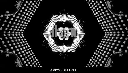 Design noir et blanc complexe avec un motif symétrique de points et de lignes. Les formes audacieuses créent un effet visuel fascinant qui dessine le Banque D'Images