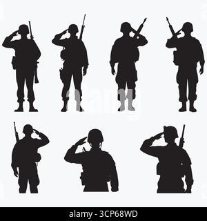 Soldat militaire Salute silhouettes Vector Set – Army Men en uniforme avec fusil isolé sur blanc pour Patriotic ou War Design Illustration de Vecteur