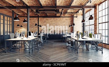 Intérieur de bureau loft industriel moderne. Espace de travail ouvert vide avec murs de briques et planchers en bois. Rendu 3D d’un espace de co-working contemporain. Banque D'Images