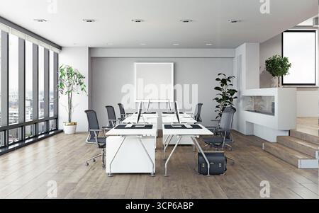 Intérieur de bureau moderne avec bureaux et ordinateurs vides. Espace de travail lumineux avec vue sur la ville. Rendu 3D d'un espace de co-working. Banque D'Images