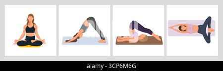 Ensemble de quatre illustrations de yoga d'une femme pratiquant des poses sur un tapis, chien orienté vers le bas, charrue, lotus et posture papillon Illustration de Vecteur