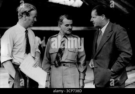 Le premier avion de ligne à réaction au monde montré pour la première fois -- (de gauche à droite) le capitaine du groupe John Cunningham, pilote du DH Comet, Sir Frank Whittle, pionnier du moteur à réaction, et le Major Frank Halford, concepteur de moteurs de Havilland, discutant ensemble ce matin (mercredi) à Hatfield, Herts., après que le Comet ait été sorti pour la première fois. le premier avion de ligne à réaction au monde, le de Havilland Comet (DH 106), est en préparation pour son vol inaugural - prévu dans quelques jours - à Hatfield, Hertfordshire, où la machine a subi un moteur et d'autres tétines. 27 juillet 1949. Banque D'Images