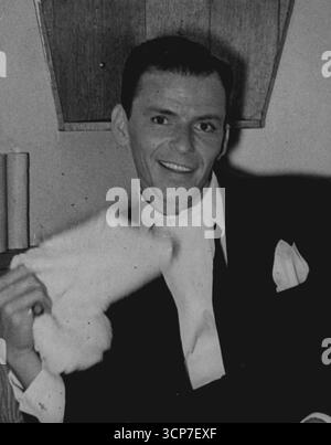 Swoon King se repose de ses liens amoureux London Mobs Frank Sinatra fatigué mais heureux Frank Sinatra recule sur un canapé dans son dressing au palladium Theatre de Londres hier soir. Ce King of the Swoon Producers était si longtemps sur scène qu'il a pris une tasse de thé au milieu de sa performance et a ensuite continué à chanter plus de ses ballades d'amour âme. Il veut chanter jusqu'aux environs de minuit. Avant et après la performance, il a été battu par des admirateurs. Des policiers supplémentaires étaient en service, mais ils avaient beaucoup de mal à contrôler la foule. 11 juillet 1950. (Photo de Paul Popper Ltd) Banque D'Images