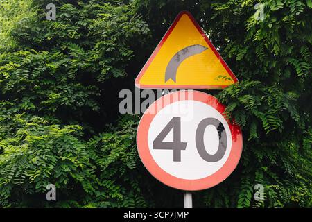 Limite de vitesse du panneau de signalisation routière 40 avec symbole d'avertissement de virage. Panneau en fond de forêt verte. Réglementation de la sécurité des transports. Banque D'Images