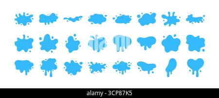 Jeu d'icônes de dessin animé de forme fluide de flaque de vecteur de goutte d'eau. Goutte de pluie motif goutte d'eau motif éclaboussures bleu. Illustration de Vecteur