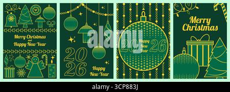 Ensemble de cartes verticales de Noël et du nouvel an vert et or boules d'art guirlandes ange boîte cadeau canne à bonbons arbre de noël ornement suspendu 4 motifs Illustration de Vecteur
