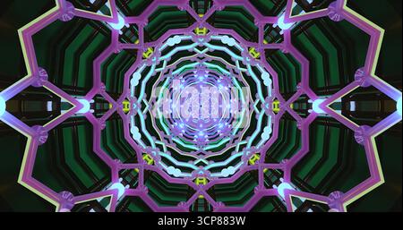 Un design géométrique vibrant met en valeur un motif complexe de formes violettes et bleues. L'illustration crée un effet tourbillonnant profond, dessinant celui du spectateur Banque D'Images