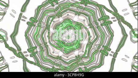 Les lignes tourbillonnantes et les formes circulaires créent un design abstrait vibrant. Les nuances de vert s'entrelacent avec des couleurs neutres, formant un motif complexe qui Banque D'Images