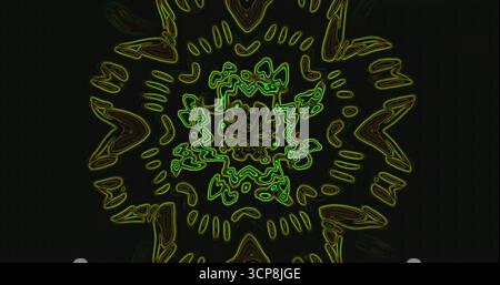 Cette œuvre affiche un design abstrait captivant avec des motifs verts tourbillonnants sur un fond sombre. Les formes complexes créent un mesmeri Banque D'Images