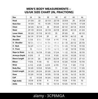 Hommes mesure du corps US UK graphique montrant les tailles en pouces fractions pour la poitrine, la taille, les hanches, l'épaule, la manche. Couture tailleur référence de conception de vêtements, guide international des tailles pour les proportions masculines Illustration de Vecteur