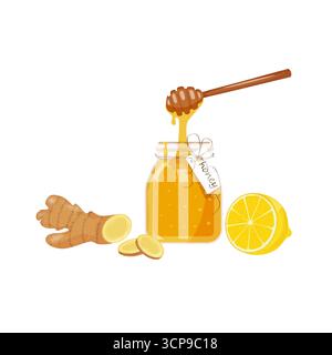 Racine de gingembre, coin de citron, pot en verre de miel. Illustration, icône plate de dessin animé isolé sur blanc. Dessiné à la main. Illustration de Vecteur