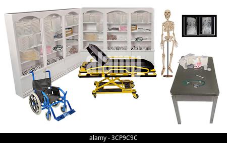 Gurney dans le cabinet d'un médecin avec un fauteuil roulant entouré de fournitures médicales Banque D'Images