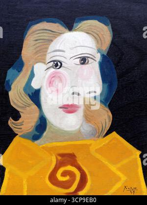 Pablo Picasso, tête de femme (Dora Maar), 1939 — Portrait cubiste-surréaliste avec des formes angulaires, des couleurs vives et une ambiance Paris en temps de guerre. Illustration de Vecteur